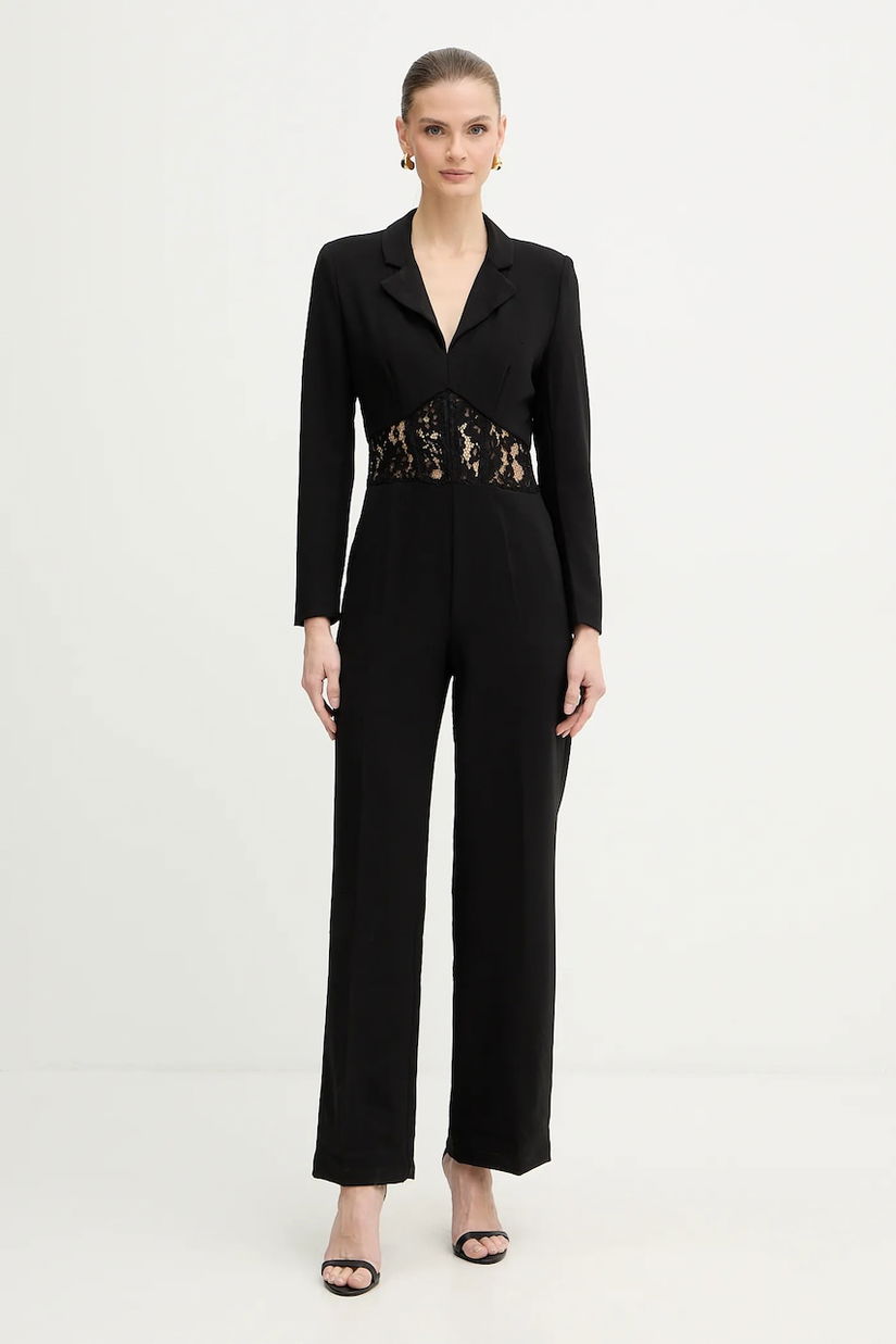 Morgan salopetă culoarea negru, dantelă, cu guler, PCORSE