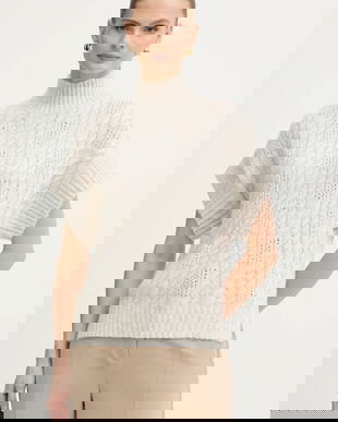 Morgan pulover culoarea bej, călduros, cu guler, MPIKI