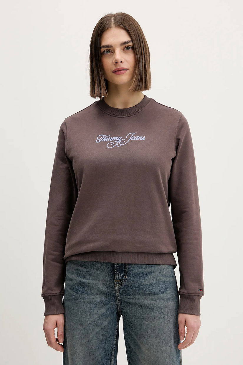 Tommy Jeans hanorac de bumbac culoarea maro, cu imprimeu, DW0DW21922