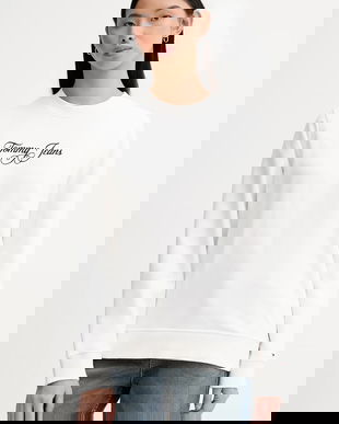 Tommy Jeans hanorac de bumbac culoarea alb, cu imprimeu, DW0DW21922