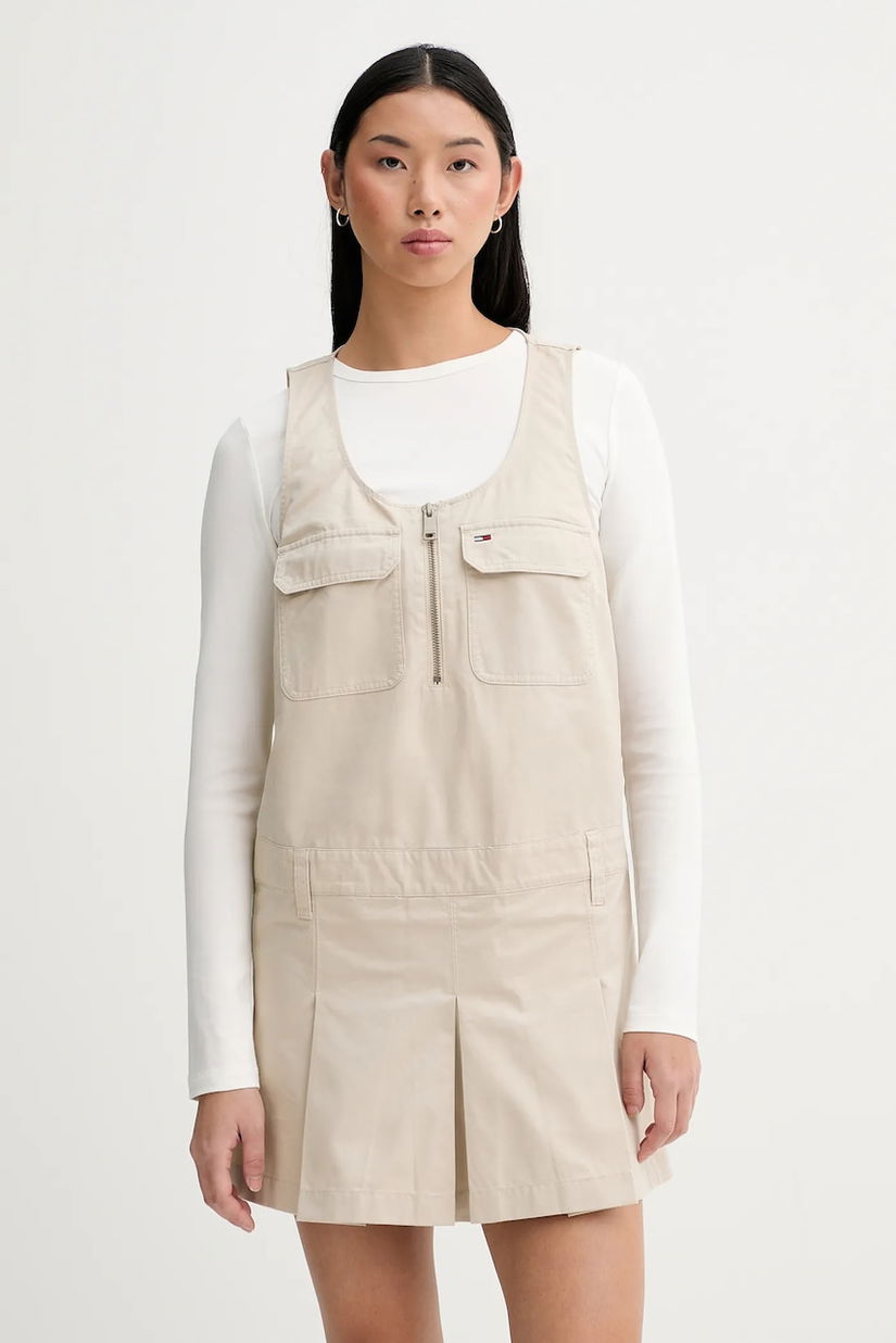 Tommy Jeans rochie din bumbac culoarea bej, mini, evazați, DW0DW21949