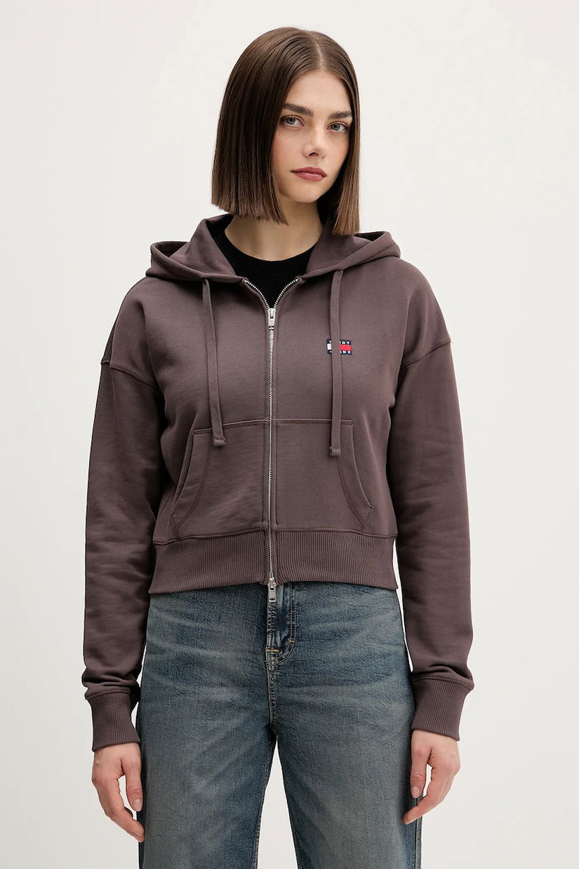 Tommy Jeans hanorac de bumbac culoarea maro, cu glugă, melanj, DW0DW21976
