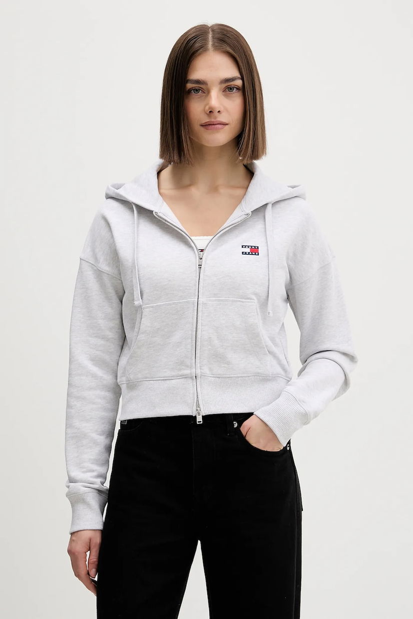 Tommy Jeans hanorac de bumbac culoarea gri, cu glugă, melanj, DW0DW21976