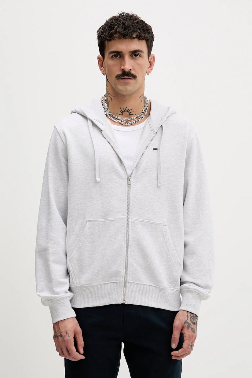 Tommy Jeans hanorac de bumbac culoarea gri, cu glugă, melanj, DM0DM21814