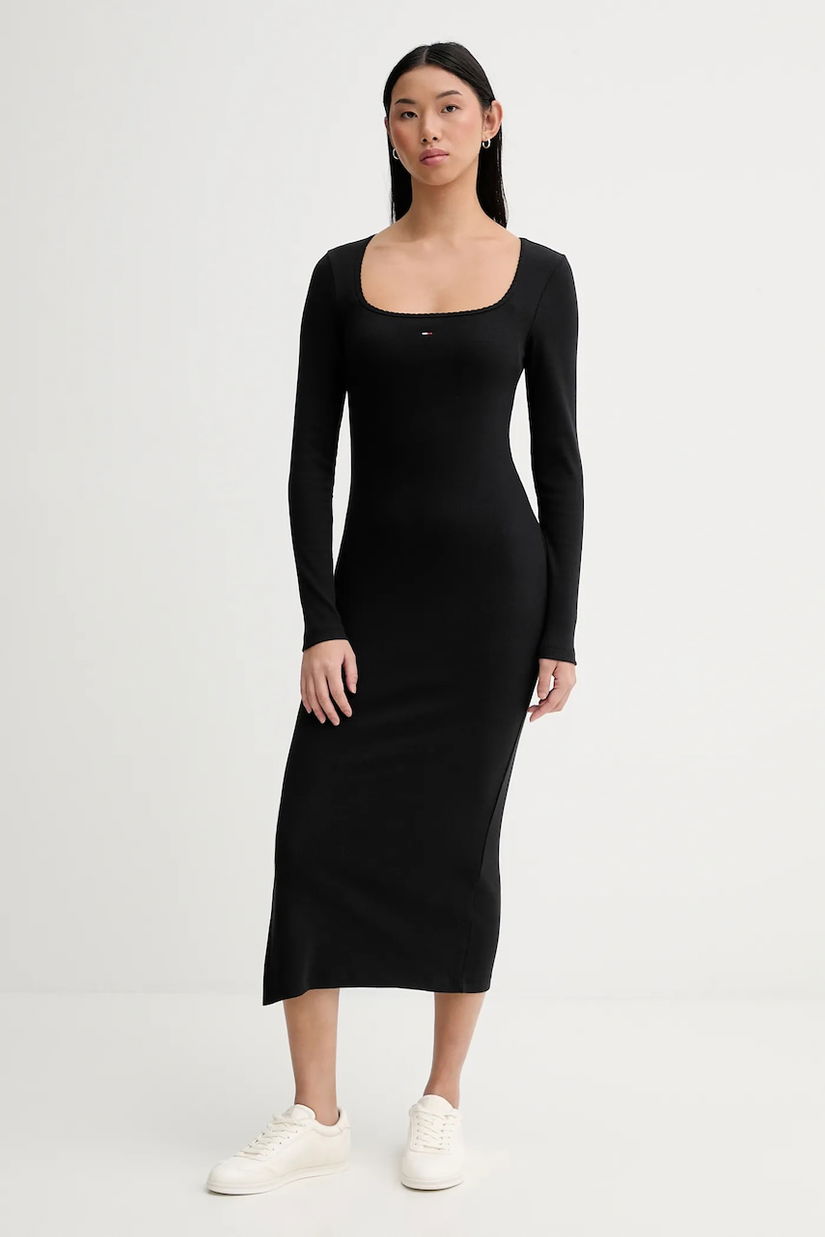 Tommy Jeans rochie culoarea negru, midi, drept, DW0DW21915