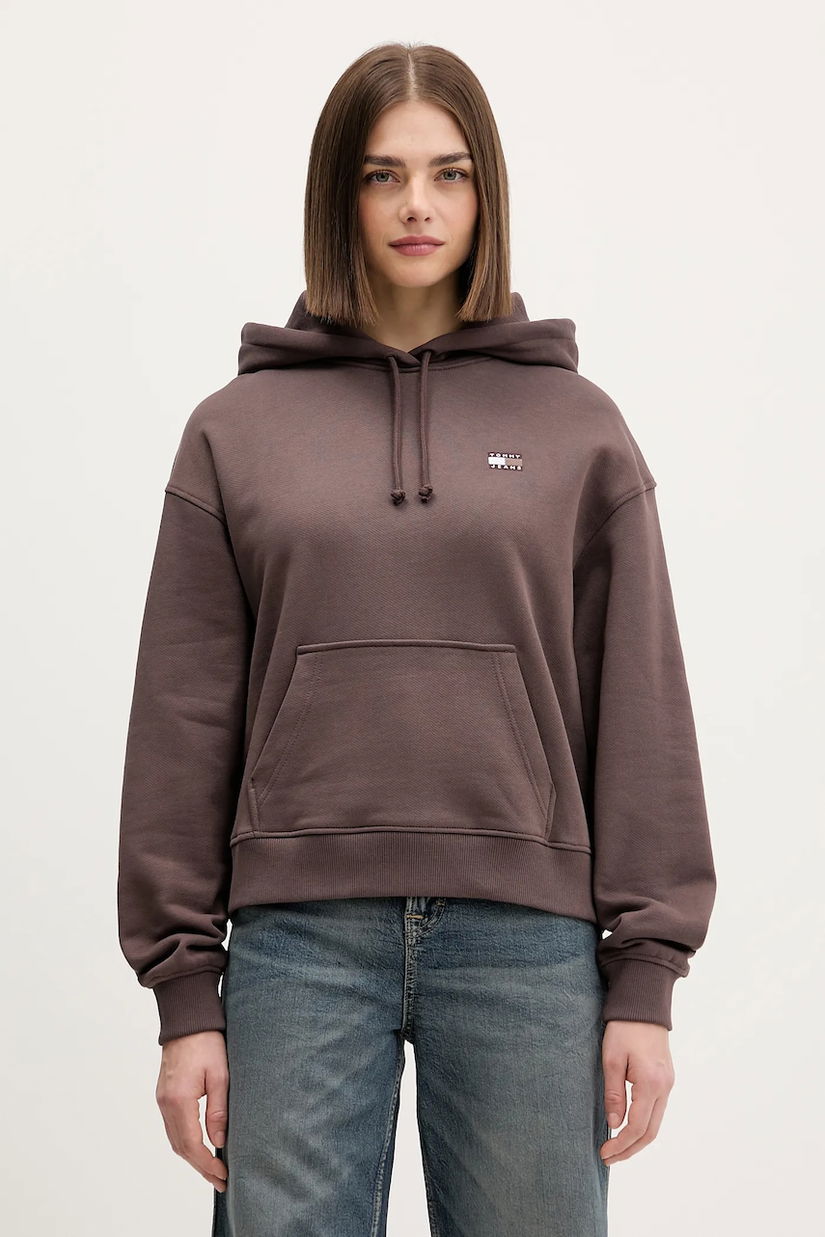 Tommy Jeans hanorac de bumbac culoarea bej, cu glugă, cu imprimeu, DW0DW19414