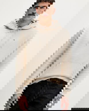 Tommy Jeans bluză culoarea bej, cu glugă, uni, DM0DM20742