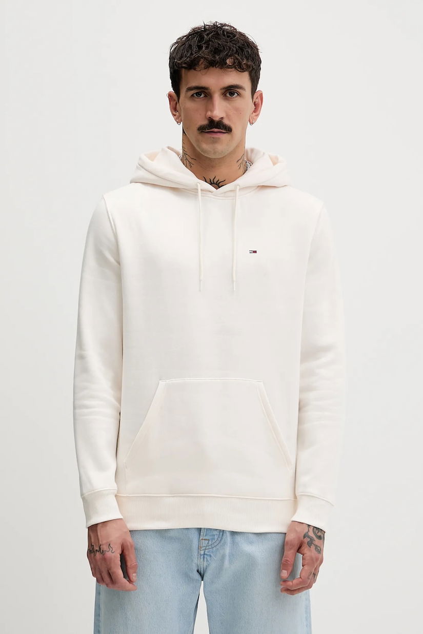 Tommy Jeans bluză culoarea bej, cu glugă, uni, DM0DM20742