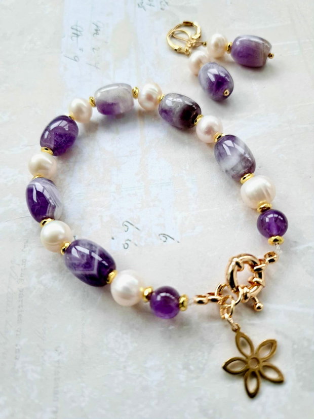 Set ametist natural & perle albe de cultura
