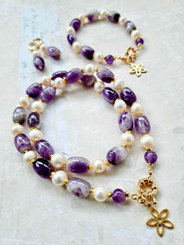 Set ametist natural & perle albe de cultura