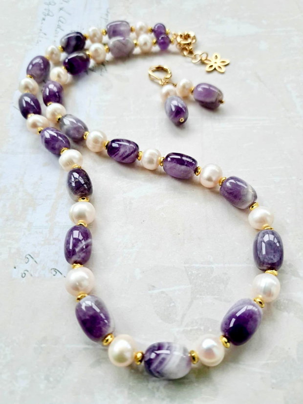 Set ametist natural & perle albe de cultura