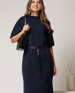 Rochie bleumarin din tricot cu maneci fluture si curea in talie