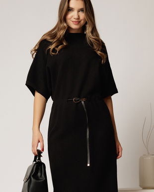 Rochie neagra din tricot cu maneci fluture si curea in talie