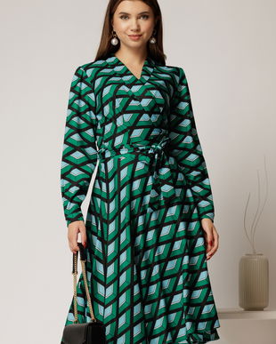 Rochie midi verde din stofa petrecuta cu imprimeuri mov si cordon in talie