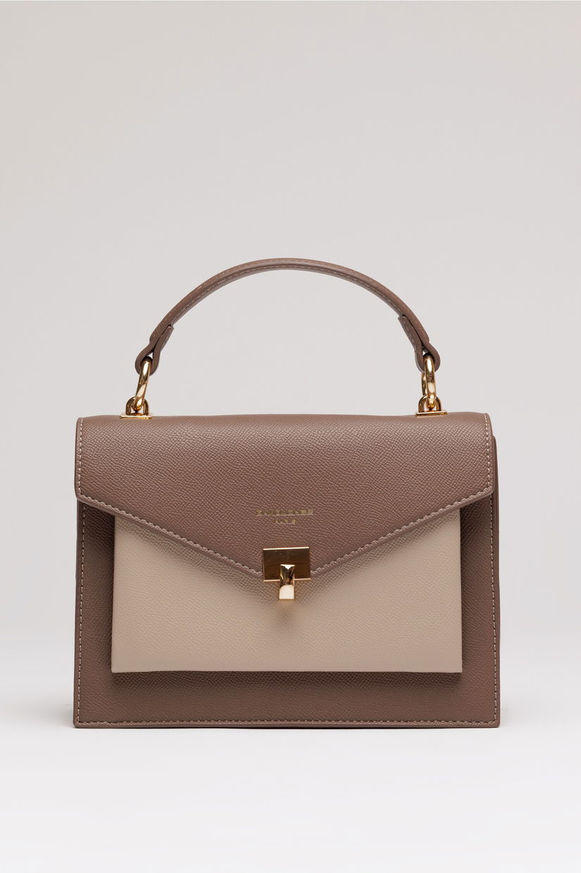 Geanta office mica din piele ecologica maro cu beige