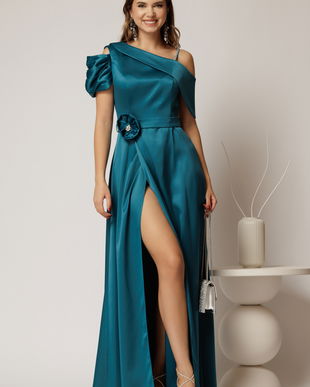 Rochie lunga turcoaz de seara din tafta eleganta