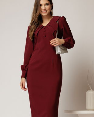 Rochie conica magenta cu nasturi pe bust si guler dublu