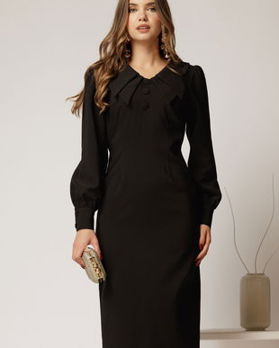 Rochie conica neagra cu nasturi pe bust si guler dublu