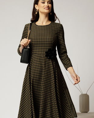 Rochie midi din stofa carou kaki si finisaje negre