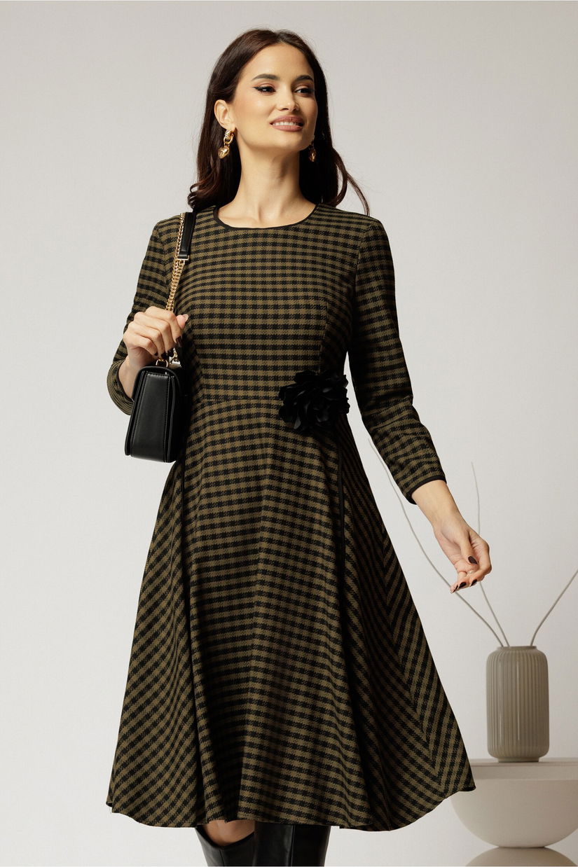 Rochie midi din stofa carou kaki si finisaje negre