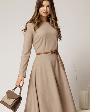 Rochie DY Fashion din tricot beige cu curea subtire si fusta clos