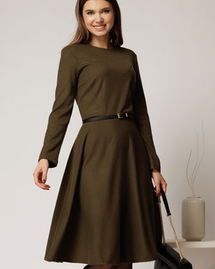 Rochie DY Fashion din tricot kaki cu curea subtire si fusta clos