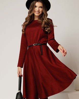 Rochie DY Fashion din tricot burgundy cu curea subtire si fusta clos