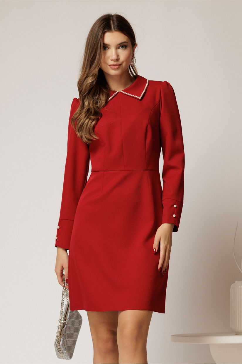 Rochie scurta eleganta bordo cu perle la guler