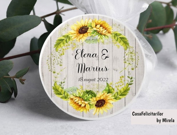 Etichete mărturii nuntă Floarea-soarelui rustic elegant