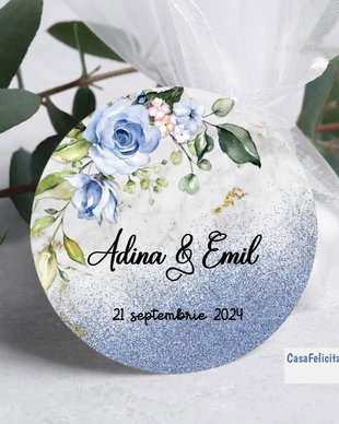 Etichete rotunde nuntă trandafiri albaștri pe fundal bleu