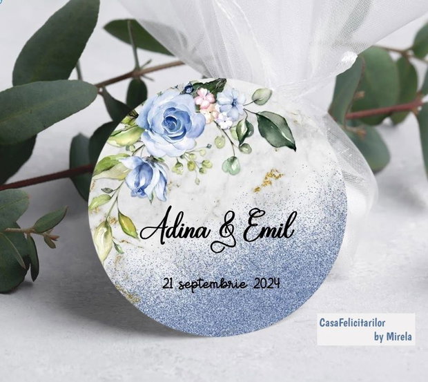 Etichete rotunde nuntă trandafiri albaștri pe fundal bleu