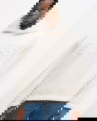 BOSS bluză culoarea bej, cu glugă, uni, 50550698