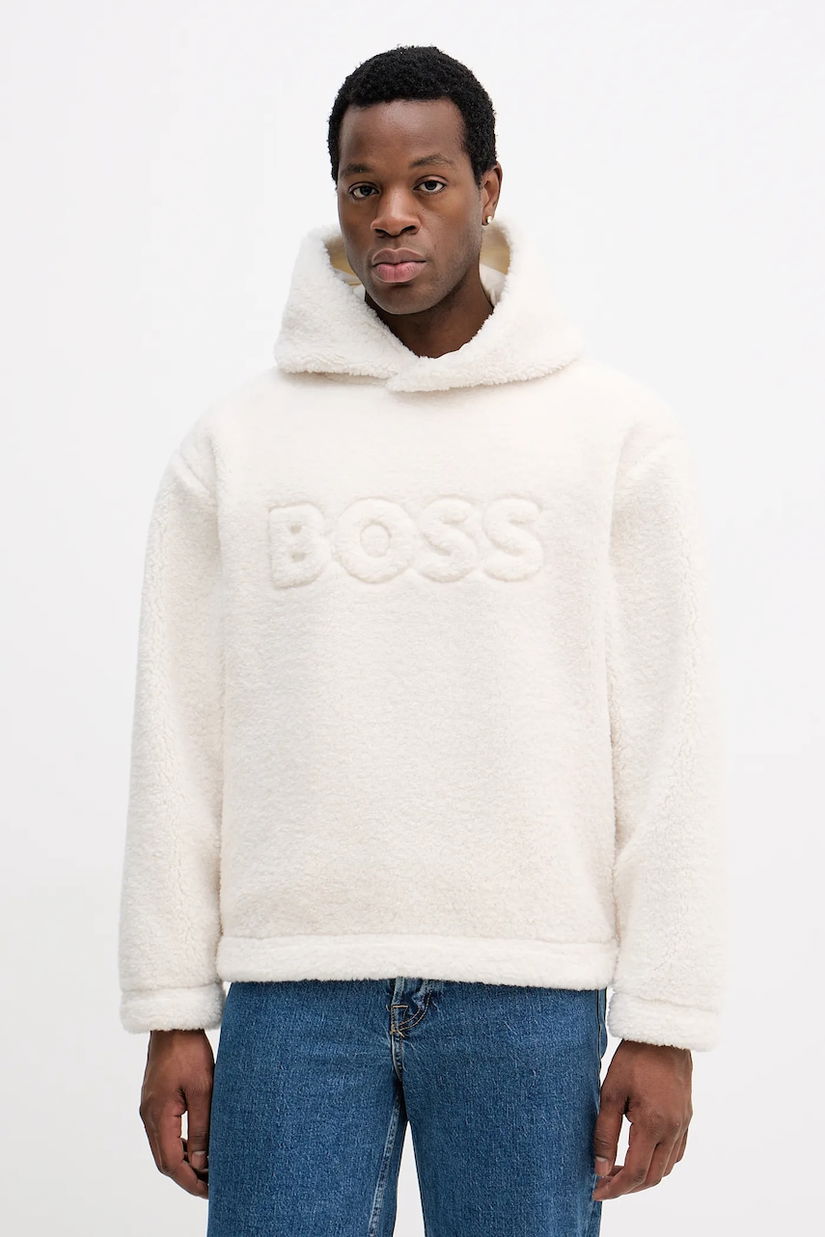 BOSS bluză culoarea bej, cu glugă, uni, 50550698