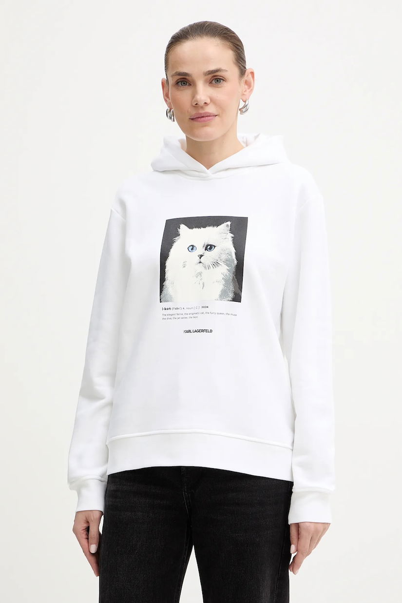 Karl Lagerfeld bluză culoarea alb, cu glugă, cu imprimeu, B1W20012