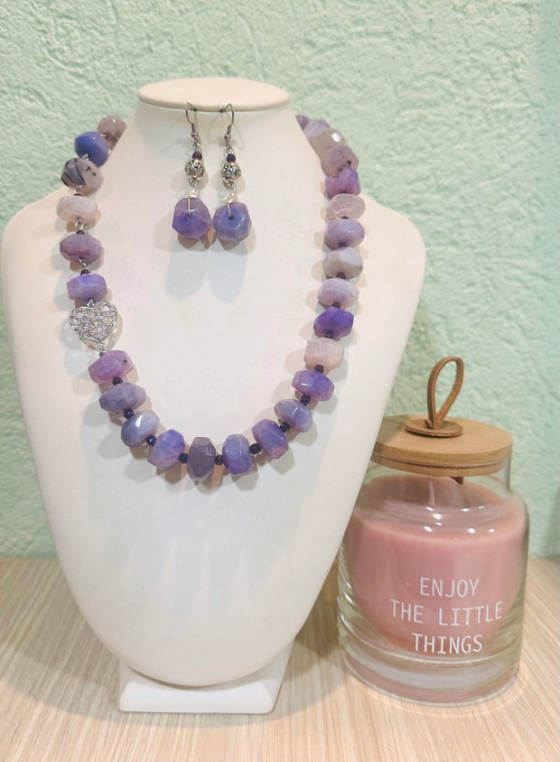 SET VIOLET GLOW-lucrat manual din agate,hematit,inox,accesorii placate cu argint