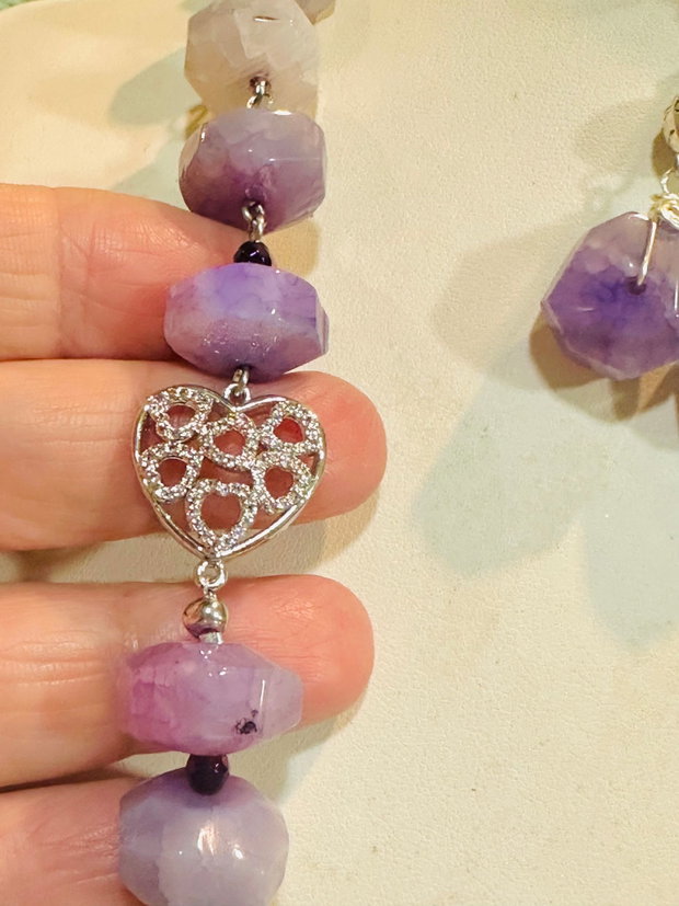 SET VIOLET GLOW-lucrat manual din agate,hematit,inox,accesorii placate cu argint