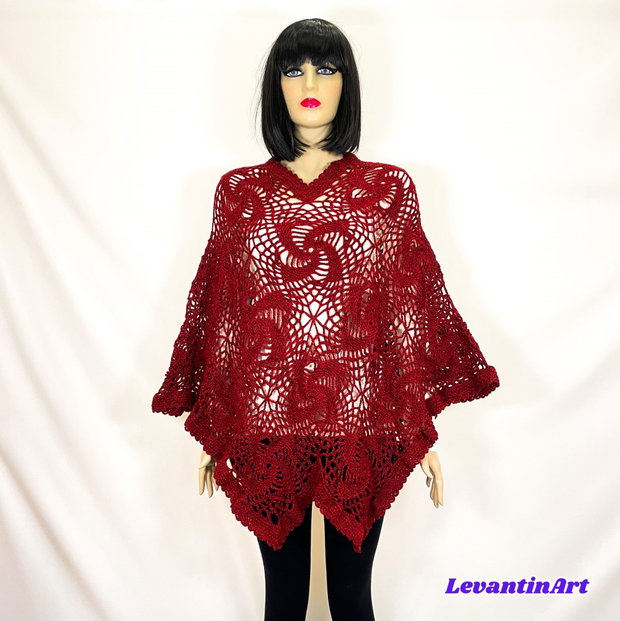 Poncho dama rosu închis. Poncho femei handmade