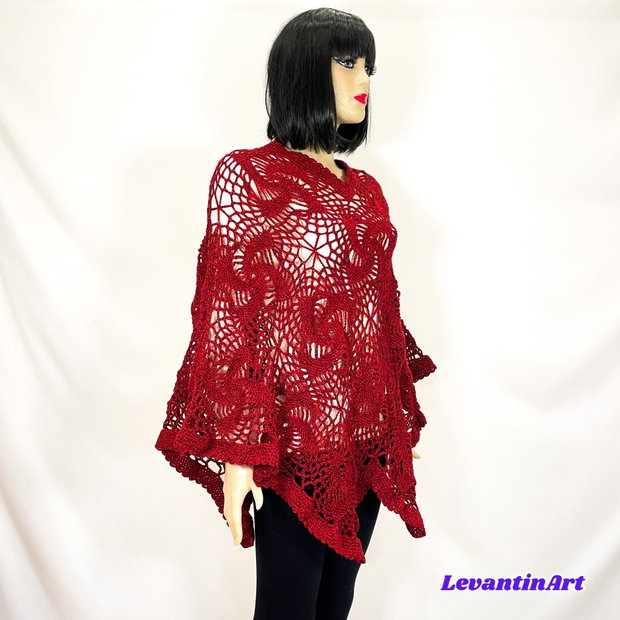 Poncho dama rosu închis. Poncho femei handmade