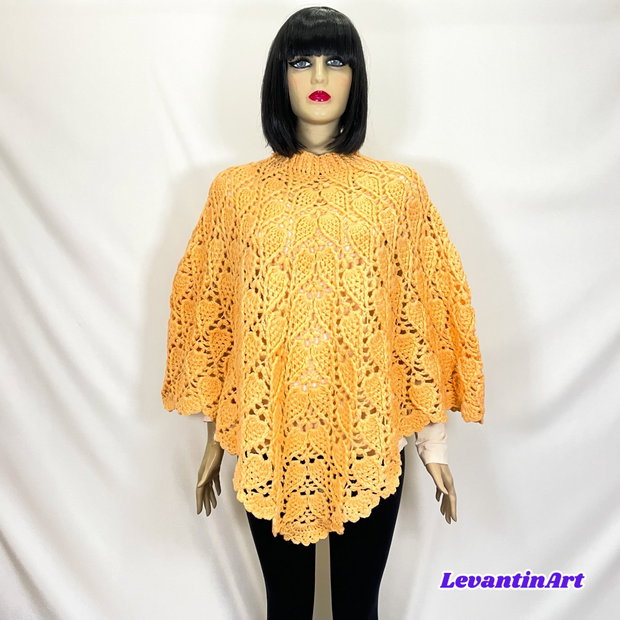 Poncho piersica din lana tip merino, crosetat. Poncho dama handmade