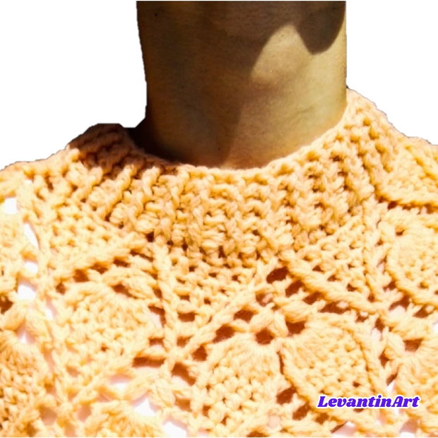 Poncho piersica din lana tip merino, crosetat. Poncho dama handmade