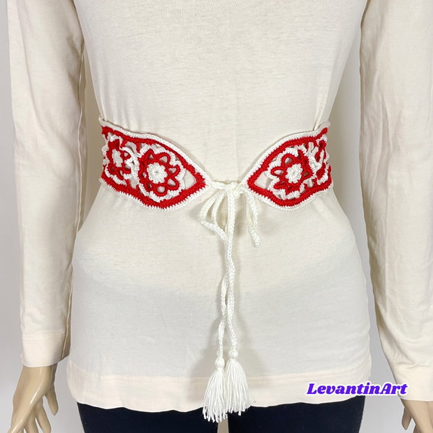 Curea dama alb cu rosu. Cordon femei handmade. Centura dama in 2 culori. Brau femei cu siret