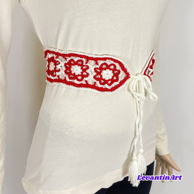 Curea dama alb cu rosu. Cordon femei handmade. Centura dama in 2 culori. Brau femei cu siret