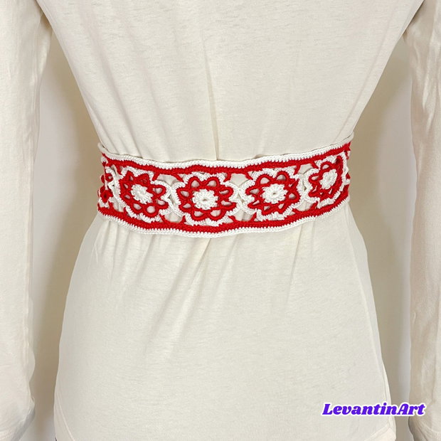 Curea dama alb cu rosu. Cordon femei handmade. Centura dama in 2 culori. Brau femei cu siret