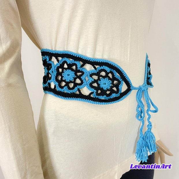 Curea dama bleu cu negru. Cordon femei handmade. Centura dama in 2 culori. Brau femei cu siret