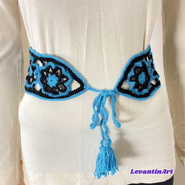 Curea dama bleu cu negru. Cordon femei handmade. Centura dama in 2 culori. Brau femei cu siret