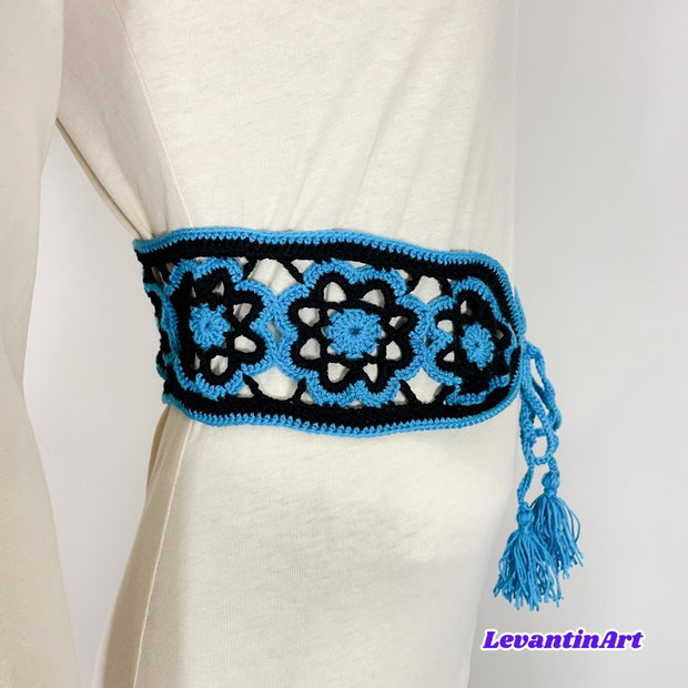 Curea dama bleu cu negru. Cordon femei handmade. Centura dama in 2 culori. Brau femei cu siret