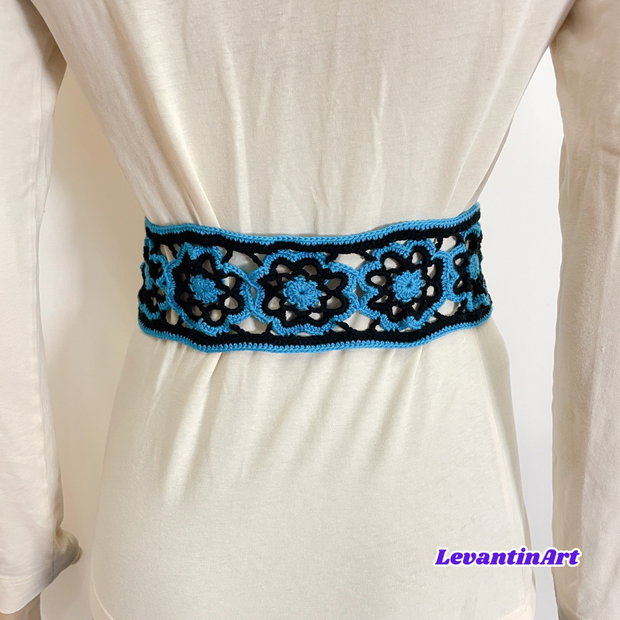Curea dama bleu cu negru. Cordon femei handmade. Centura dama in 2 culori. Brau femei cu siret