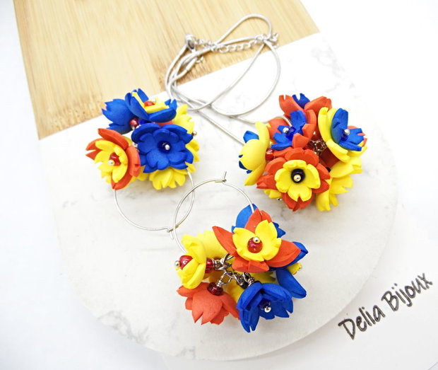 Set bijuterii handmade cu flori - Tricolorul Romaniei (cod1331)