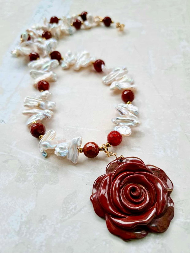 Colier perle Biwa albe & agate naturale