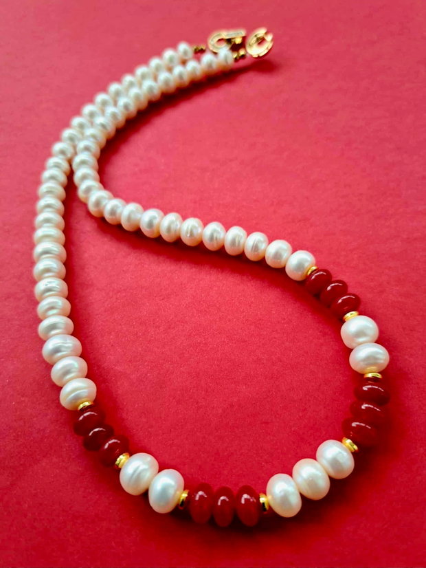 Colier perle albe de cultura & rubin